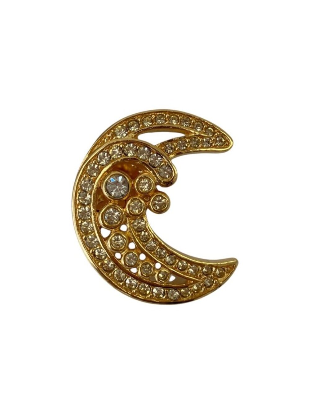 Dior Vintage Moon Motif Rhinestone Pin Brooch Gold Plated
